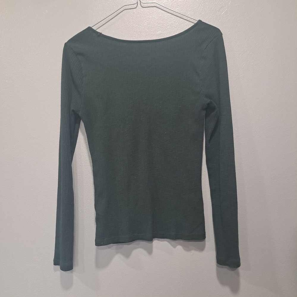 Old Navy Womens Dark Green Ribbed Long Sleeve Ruched Bust V-Neck Top Size M - Picture 2 of 4